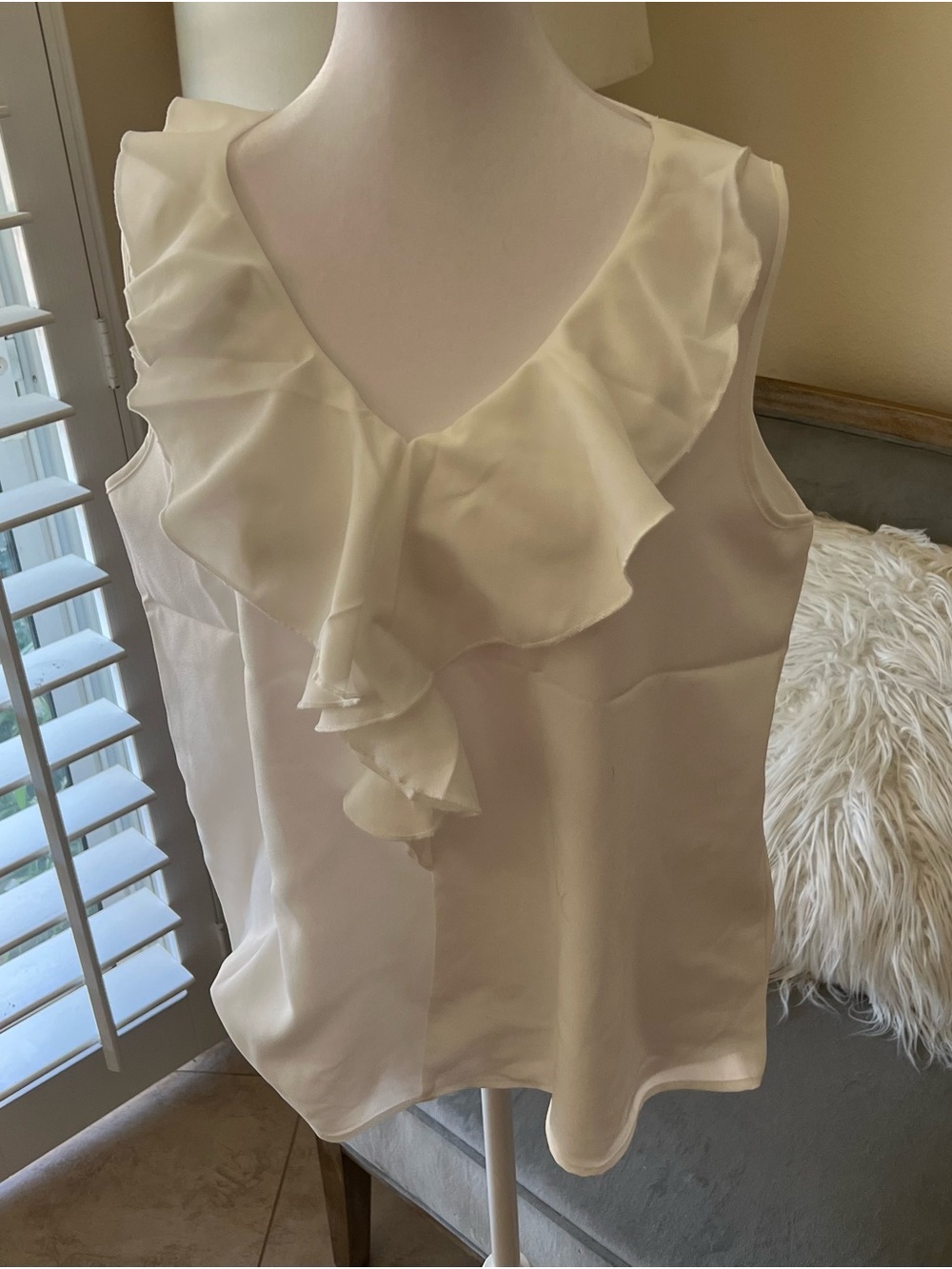 Sleeveless Ruffle V-Neck Women's Top in Cream